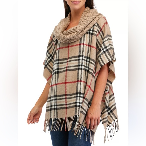 v frass Jackets & Blazers - Plaid Beige and Red Cowl Neck Poncho
